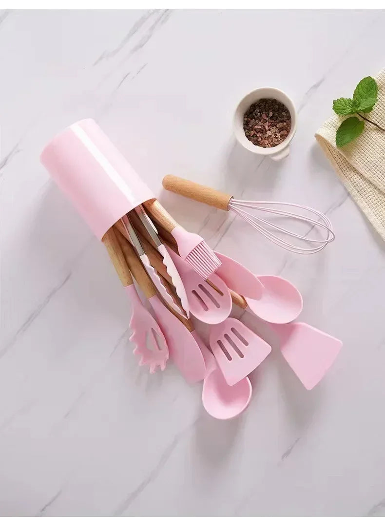 12Pcs Silicone Cooking Utensils Set Wooden Handle Kitchen Cooking Tool Non-stick Cookware Spatula Shovel Egg Kitchenware Beaters