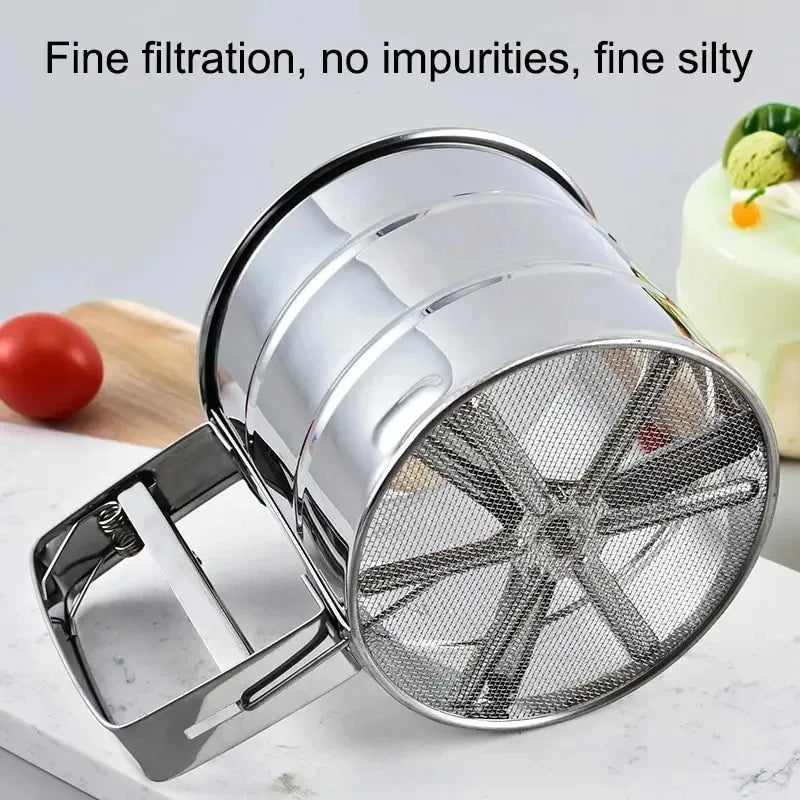 1PC Stainless Steel Flour Sifter Sieve with Hand Press Fine Mesh for Baking Powder Sugar Kitchen Baking Tools