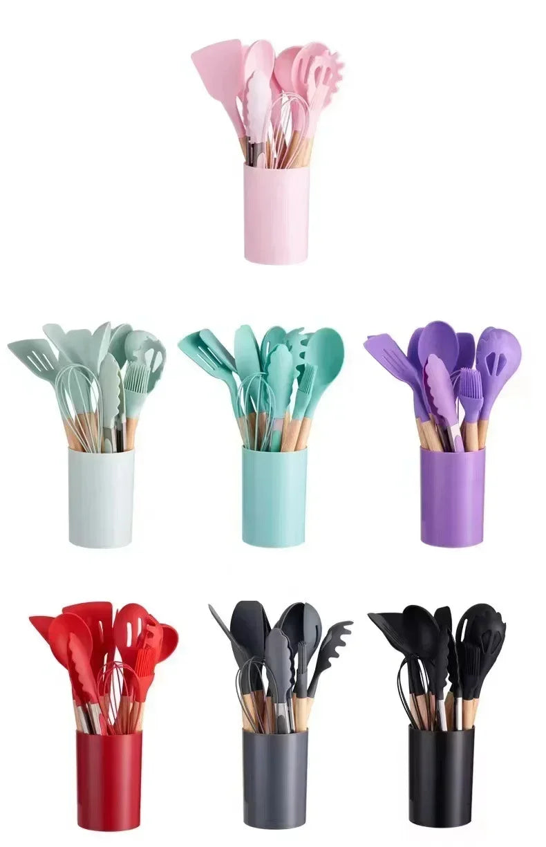 12Pcs Silicone Cooking Utensils Set Wooden Handle Kitchen Cooking Tool Non-stick Cookware Spatula Shovel Egg Kitchenware Beaters