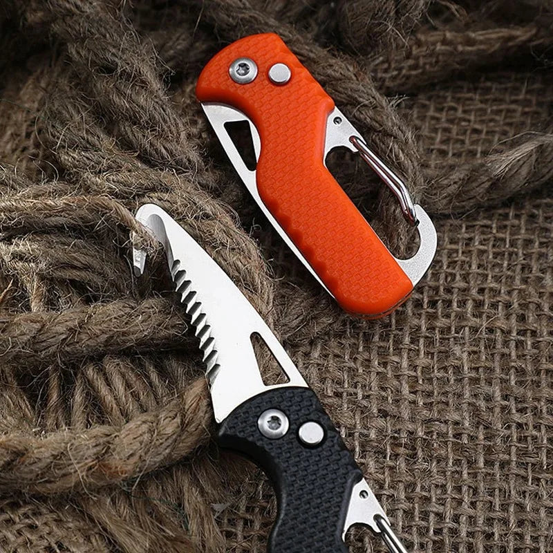 1pc Black/Orange Portable Multi-functional Parcel Knife Keychain Serrated Hook Carry-on Unpacking Emergency Survival Box Opener